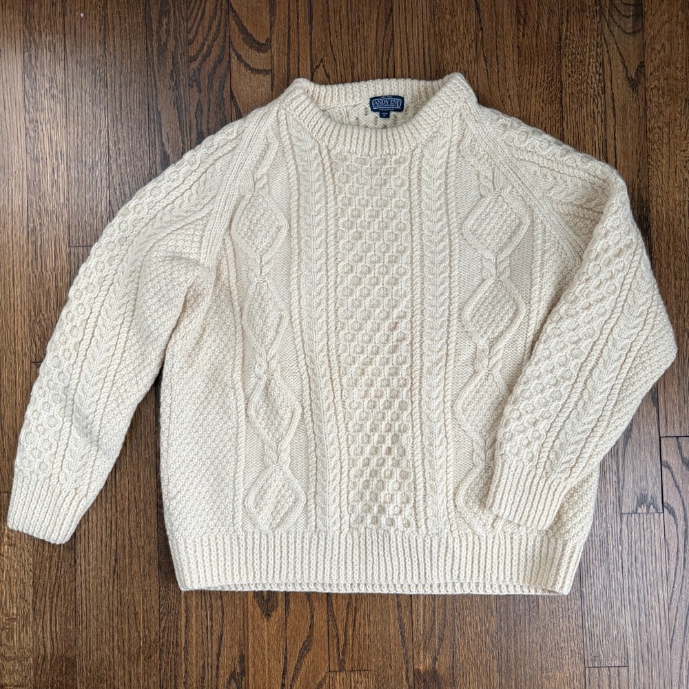 Vintage 90s Lands End England Pure Wool Cableknit Fisherman Sweater XLarge